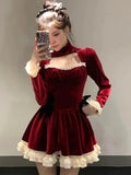 Vvsha  party look inspos Vintage Christmas Sweet Velvet Princess Dresses for Women Autumn Elegant Lace Patchwork Birthday Party Vestidos Y2K Mini Dress