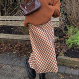 Vvsha Christmas Gift Outfit Vintage 90s Plaid High Waist Brown Midi Skirts Indie Aesthetics Printing ALine Long Skirt Y2K EGirls Streetwear Summer