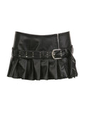 Vvsha Punk Rivet Belted Pleated Slit Leather Mini Skirt