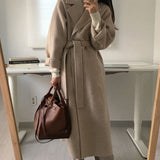 Vvsha Christmas Gift outfit  Retro Winter Loose Women Long Belted Woolen Coats Female Warm Full Sleeve Notched Autumn Oversized Cardigan Overcoats