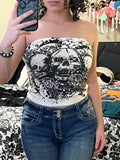 Vvsha Christmas Gift outfit -New Goth Women's Crop top Y2K Summer Girl Punk Fashion Vest White Skull Printed Ruched Slim Fit Bandeau Top