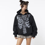 Vvsha Skeleton Print Zip Up Loose Oversized Hoodie