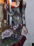 Vvsha Vintage Oil Painting Print Off Shoulder Slim Maxi Dress