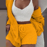 Vvsha Christmas Gift outfit  Autumn Velvet Three Piece Suit Outfits Sexy Women White Matching Set Crop Top And Shorts Lounge Home Wear Pijama Oversize Winter