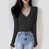 Vvsha Christmas Gift outfit   Neck Short T Shirt Women Spring Korean Style Screw Thread Cotton Tee Shirt  Long Sleeve Top  Elastic T shirt Clothes