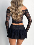 Vvsha Black Vintage Lace Off Shoulder Long Sleeve Tee & Tiered Mini Skirt Set