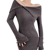 Vvsha Christmas Gift Outfit womens outfit inspiration Sexy offShoulder Lapel Knitted Dress Autumn and Winter Women's Sweater Slim Hip Skirt