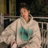 Vvsha Christmas Gift outfit  Women's Grey Fashion Letter Printing Baggy Pullover Pocket Fleece Thicken Sweatshirt Lazy Casual Raglan Sleeves Hoodie Winter