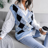 Vvsha Christmas Gift Outfit Women Knitted Sweater Vest Pullover 2024 Autumn New College Style Loose VNeck Elegant Fashion Casual Diamond Vest Sweaters