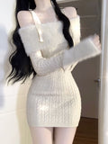 Vvsha  party look inspos Sexy Knitted New One Piece Dress Women Off Shoulder Sweet Vintage Y2k Mini Dress Female Korean Fashion Chic Sweater Dresses 2024