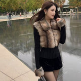 Vvsha Christmas Gift Outfit 2000s fashion  Green Fur Stitching Coat Women's Fake TwoPiece Hot Girl Lapel Zipper Warm Sweater Sweater Cardigan