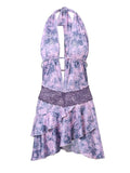 Vvsha Purple Y2k Plunge Neck Mini Dress with Lace and Print