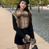 Vvsha Christmas Gift Outfit 2000s fashion  Green Fur Stitching Coat Women's Fake TwoPiece Hot Girl Lapel Zipper Warm Sweater Sweater Cardigan