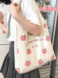 Vvsha- Japanese Letter & Peach Graphic Shopper Bag  - Women Tote Bags