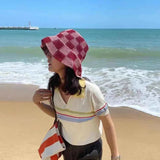 Vvsha Christmas Gift Outfit Women Knitted Lattice Fisherman Hat Handmade Crochet Color Matching Basin Hat Spring and Autumn Knitted Sunscreen Sun Hat