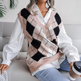 Vvsha Christmas Gift Outfit Women Knitted Sweater Vest Pullover 2024 Autumn New College Style Loose VNeck Elegant Fashion Casual Diamond Vest Sweaters