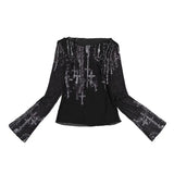 Vvsha Christmas Gift Outfit Gothic Goth Black Mesh Tops Women Grunge Aesthetic Off Shoulder Graphic Crop T Shirts See Through Trashy Y2k 2000s Tees