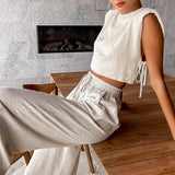 Vvsha Christmas Gift Outfit Spring Summer 2023 Women Holiday Linen Pant Set Crop Tops Solid Outfits 2 Two Piece Matching Set For Women