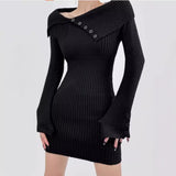 Vvsha Christmas Gift Outfit womens outfit inspiration Sexy offShoulder Lapel Knitted Dress Autumn and Winter Women's Sweater Slim Hip Skirt