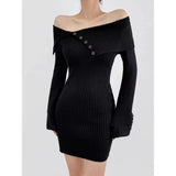 Vvsha Christmas Gift Outfit womens outfit inspiration Sexy offShoulder Lapel Knitted Dress Autumn and Winter Women's Sweater Slim Hip Skirt