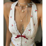 Vvsha Christmas Gift Outfit summer outfits inspo Women's Clothing 2024 Summer New Fashion Elegant Sexy Vneck Halter Cherry Printed Wooden Ear Vest