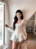 Vvsha  party look inspos White French Elegant Evening Party Dress Women Casual Sexy Lace Puffed Sleeve Short Robe Summer Korean Y2k Sweet Mini Dress Chic