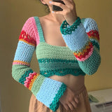 Vvsha Christmas Gift outfit  Crochet Hollow Out Patchwork  T-shirts Y2K Aesthetic Vintage Skinny Knitted Crop Top 90s 00s Retro Backless Tie-up Tees Sweater