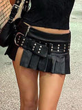 Vvsha Punk Rivet Belted Pleated Slit Leather Mini Skirt