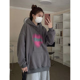 Vvsha Christmas Gift outfit  Women's Grey Fashion Letter Printing Baggy Pullover Pocket Fleece Thicken Sweatshirt Lazy Casual Raglan Sleeves Hoodie Winter