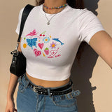 Vvsha Christmas Gift outfit -Y2K baby Summer Skinny Women Graphic T Shirts Navel Trend Print Stretchy Short Sleeve Kawaii Crop Top Streetwear Tees Aesthetic