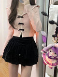 Vvsha Christmas Gift Outfit Women Fashion Japanese Style Bow Sweaters Short Length Slim Fit Pink Sweet Cardigan Long Sleeve High Waist Knitted Coats Tops