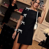 Vvsha Christmas Gift Outfit influencer dress to impress  American Fashion 2024 Summer New Bow ThreeDimensional Decorative Contrast Color round Neck Slit Dress