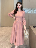 Vvsha  party look inspos Vintage Long Sleeve Dresses Autumn New French Elegant V Neck Single Breasted Women Fairy Dress Solid High Waist Ladies Robe New