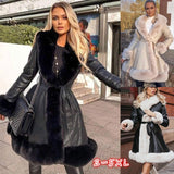 Vvsha Christmas Gift Outfit Women Faux Fur Lapel Collar Leather PU Warm Long Coat with Belt Female Elegant Winter Corset Cardigan Jacket Windbreaker