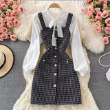 Vvsha Christmas Gift outfit  dress to impress codes Autumn  Socialite Elegant Bow Lace-up Shirt Two-Piece Suit Tweed Plaid Sling Dress