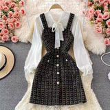 Vvsha Christmas Gift outfit  dress to impress codes Autumn  Socialite Elegant Bow Lace-up Shirt Two-Piece Suit Tweed Plaid Sling Dress