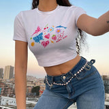 Vvsha Christmas Gift outfit -Y2K baby Summer Skinny Women Graphic T Shirts Navel Trend Print Stretchy Short Sleeve Kawaii Crop Top Streetwear Tees Aesthetic