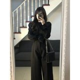 Vvsha Christmas Gift Outfit classy outfits men Yujie Style Texture LongSleeved Shirt Suit Women's Autumn High Waist Straight WideLeg Pants Elegant Black Lantern Sleeve Top