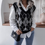 Vvsha Christmas Gift Outfit Women Knitted Sweater Vest Pullover 2024 Autumn New College Style Loose VNeck Elegant Fashion Casual Diamond Vest Sweaters