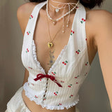 Vvsha Christmas Gift Outfit summer outfits inspo Women's Clothing 2024 Summer New Fashion Elegant Sexy Vneck Halter Cherry Printed Wooden Ear Vest