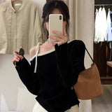 Vvsha Christmas Gift Outfit men¡¯s outfits Contrast Color offtheShoulder offShoulder Sweater Sweater for Women 2024 Early Autumn Slim Fit Slimming Long Sleeve Hot Girl Chic Top