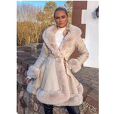 Vvsha Christmas Gift Outfit Women Faux Fur Lapel Collar Leather PU Warm Long Coat with Belt Female Elegant Winter Corset Cardigan Jacket Windbreaker