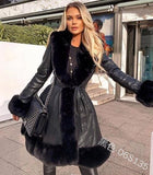 Vvsha Christmas Gift Outfit Women Faux Fur Lapel Collar Leather PU Warm Long Coat with Belt Female Elegant Winter Corset Cardigan Jacket Windbreaker