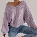 Vvsha Christmas Gift outfit  2024 Pullovers Women Autumn Winter Sweaters Solid V-Neck Loose Casual Daily Basic Womens Knitted Basic Chic Long Sleeve Sweater