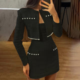 Vvsha Christmas Gift outfit   Pearl Dress Sets Women Autumn Long Sleeve Coat And Mini Dress Two Piece Sets Femme Sexy Strapless Dress Matching Sets