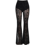 Vvsha Christmas Gift Outfit Vintage Flocking Mall Gothic Sexy Flare Pants Grunge See Through Mesh High Waist Women Trousers Punk Slim Alt Clothing