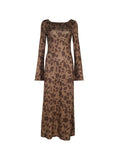 Vvsha Brown Classic Print Trumpet Sleeve Maxi Dress