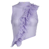 Vvsha Christmas Gift Outfit Ruffled Sleeveless Tank Tops For Women Purple Cute Mesh Cropped Tops Party Designer High Street Summer Mesh Y2k Tops