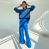 Vvsha Christmas Gift outfit  Blue Office Women'S Pants 2021 Fashion Loose Full Length Ladies Trousers Casual High Waist Wide Pants For Women