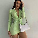 Vvsha Christmas Gift outfit  V-Neck Mini Dress Long Sleeve Sexy Bodycon Skinny Summer Beach Dresses Women Twist Solid 2022 Streetwear Party Slim Dress